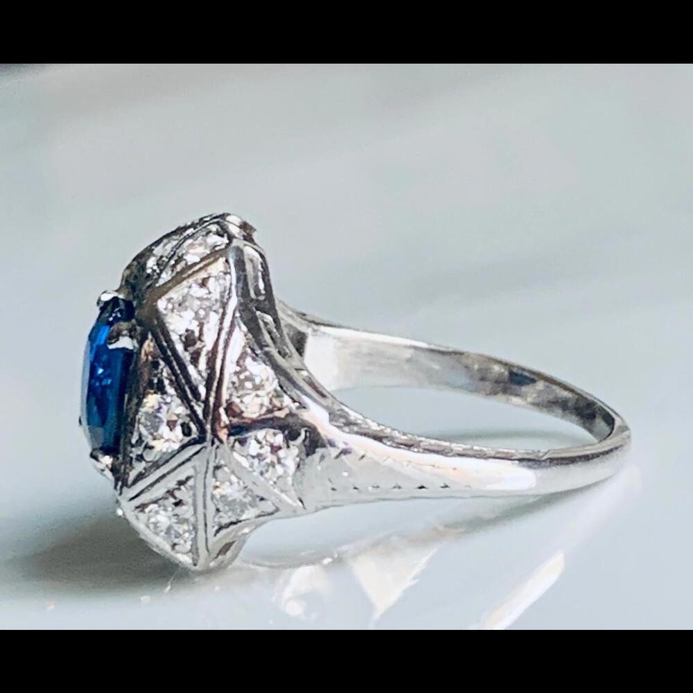 Sapphire Ring Platinum Old Cut Diamond Edwardian Engagement Ring Platinum 1910s - Picture 5 of 9